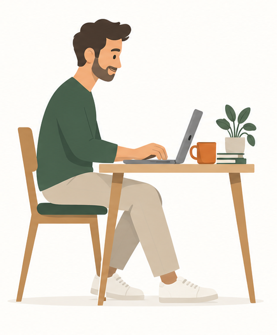 Minimal side view illustration of a homeowner using a laptop at his desk